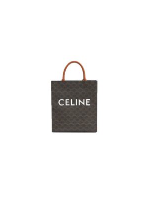 Tan CELINE Vertical Cabas bag in calfskin with logo print and Celine print