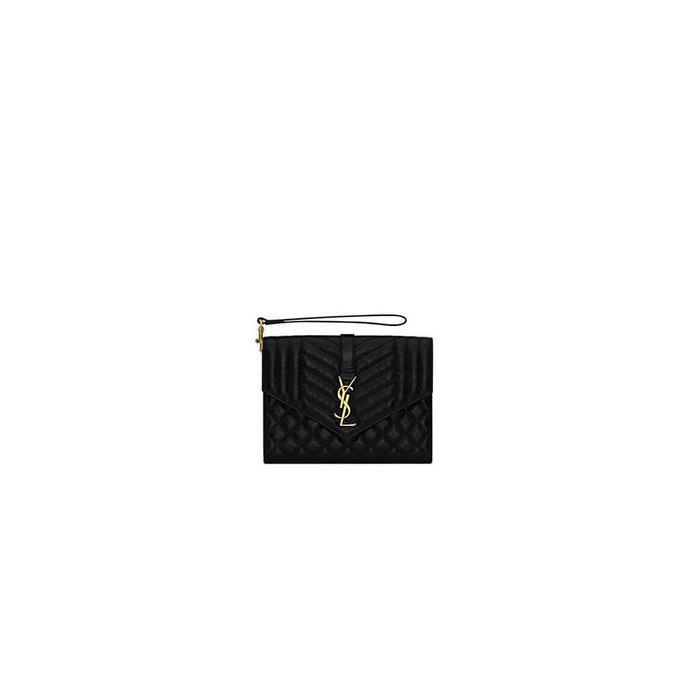 black YSL CASSANDRE matelasse leather flap clutch