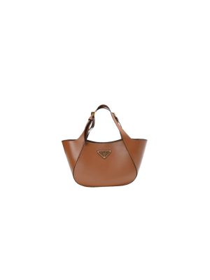 Brown Prada Medium Enamel Triangle Logo Leather Tote Bag (high-end grade)