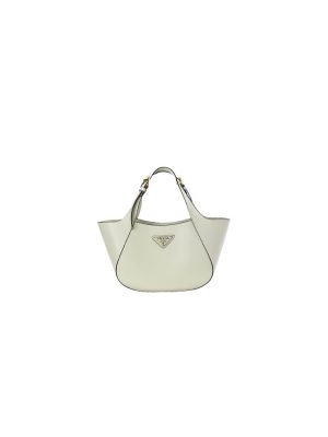 White Prada Medium Enamel Triangle Logo Leather Tote Bag (high-end grade)