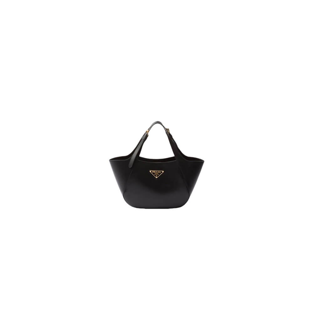 Black Prada Medium Enamel Triangle Logo Leather Tote Bag (high-end grade)